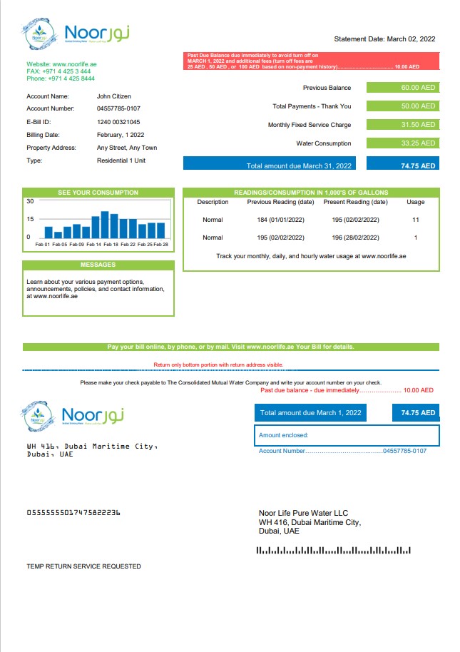 UAE Noor Life Pure Water LLC utility bill template in Word and PDF format